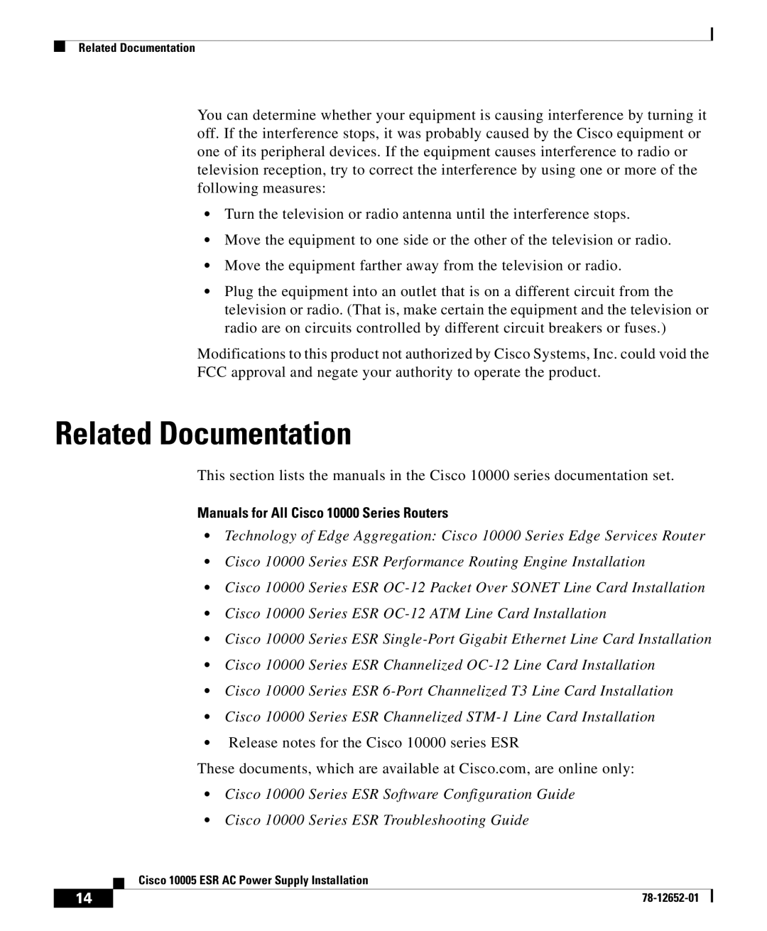 Cisco Systems 10005 manual Related Documentation, Manuals for All Cisco 10000 Series Routers 