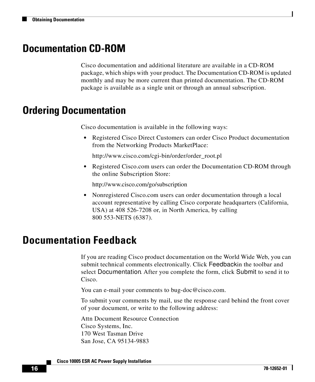 Cisco Systems 10005 manual Documentation CD-ROM, Ordering Documentation, Documentation Feedback 