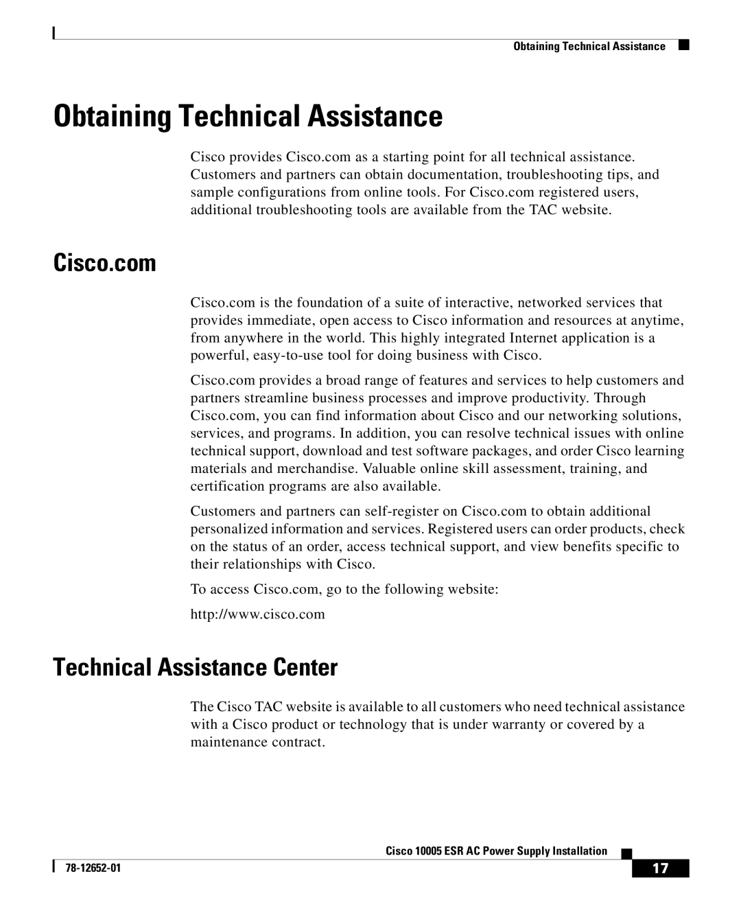 Cisco Systems 10005 manual Obtaining Technical Assistance, Cisco.com, Technical Assistance Center 