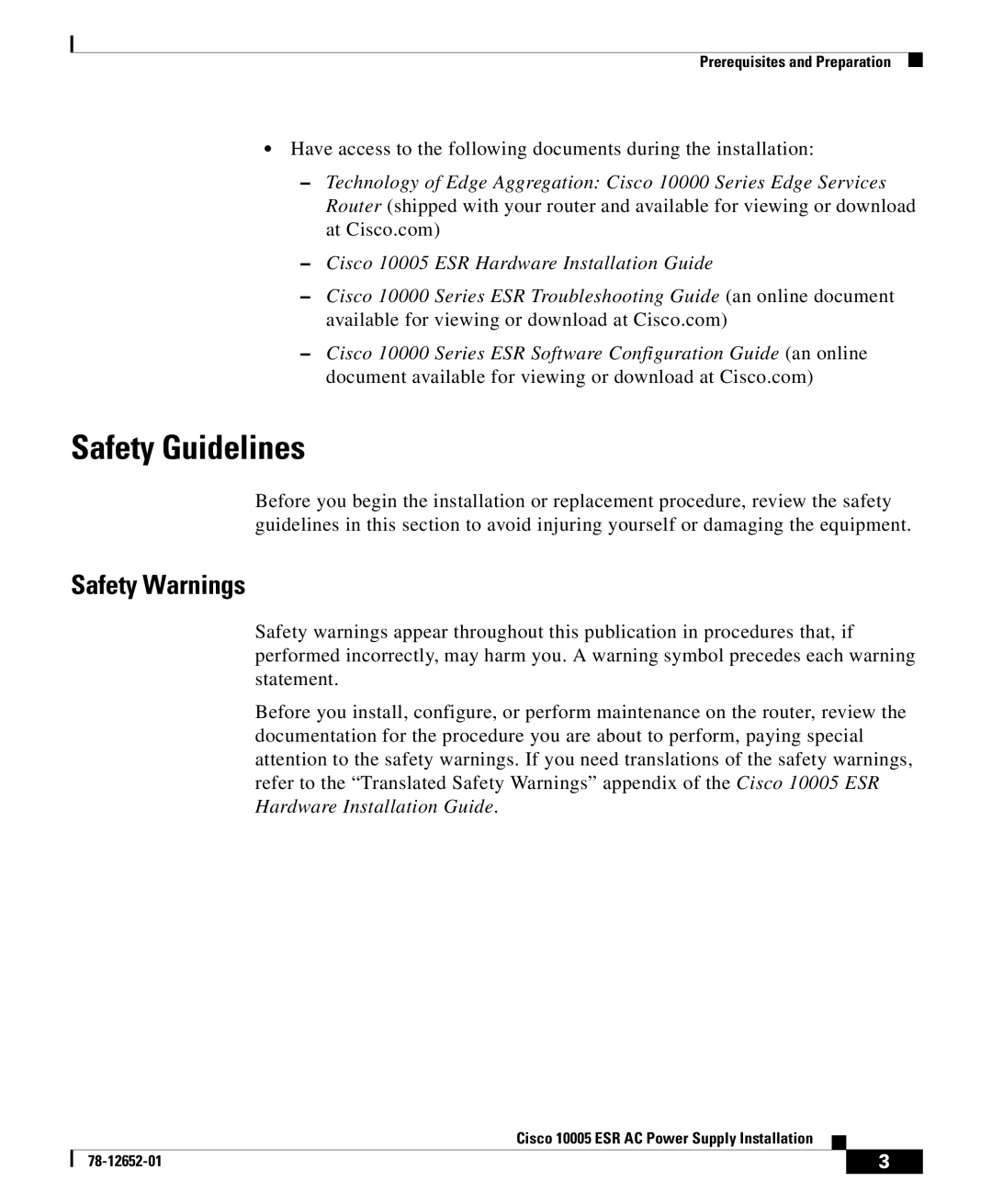 Cisco Systems 10005 manual Safety Guidelines, Safety Warnings 