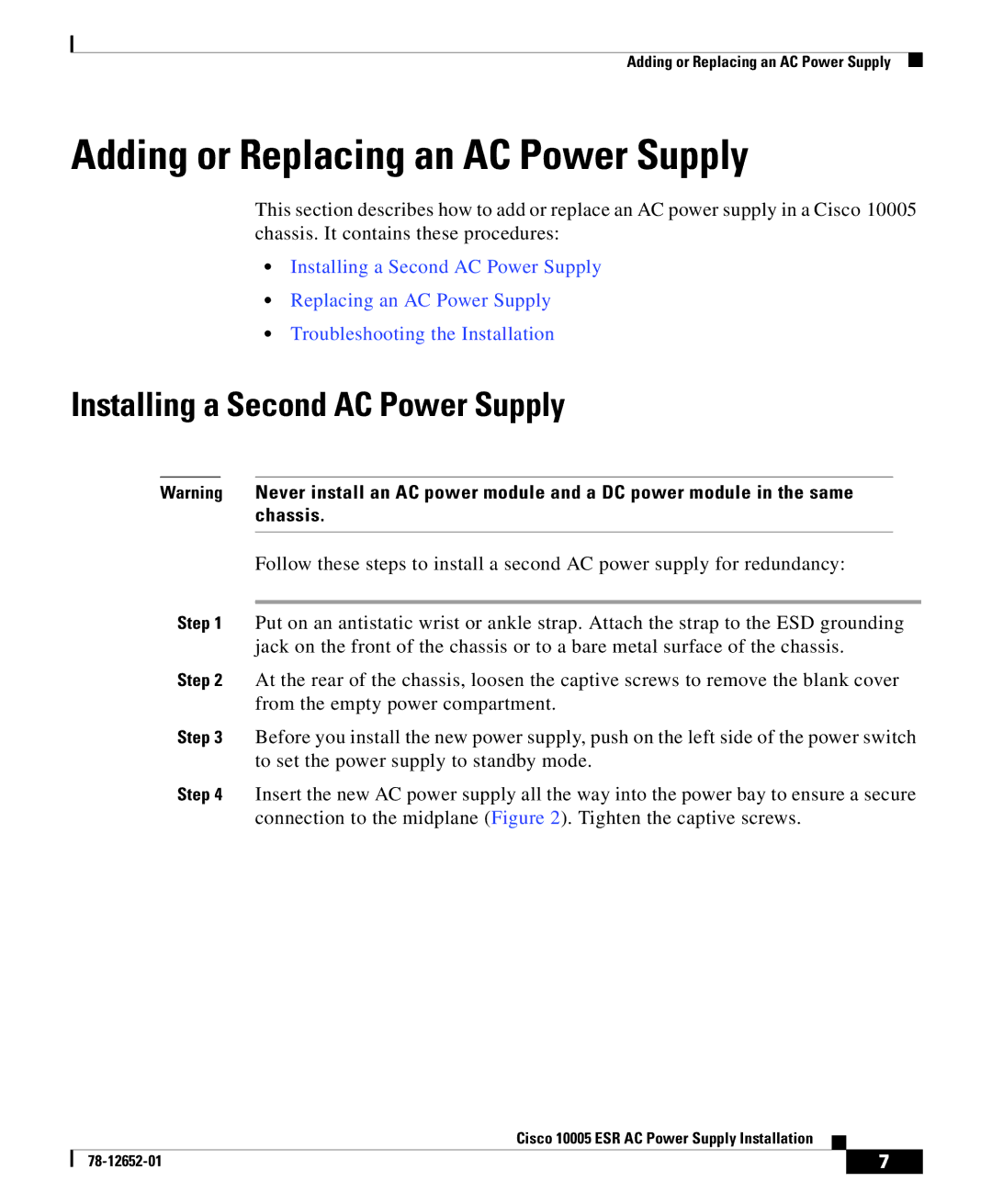 Cisco Systems 10005 manual Adding or Replacing an AC Power Supply, Installing a Second AC Power Supply 