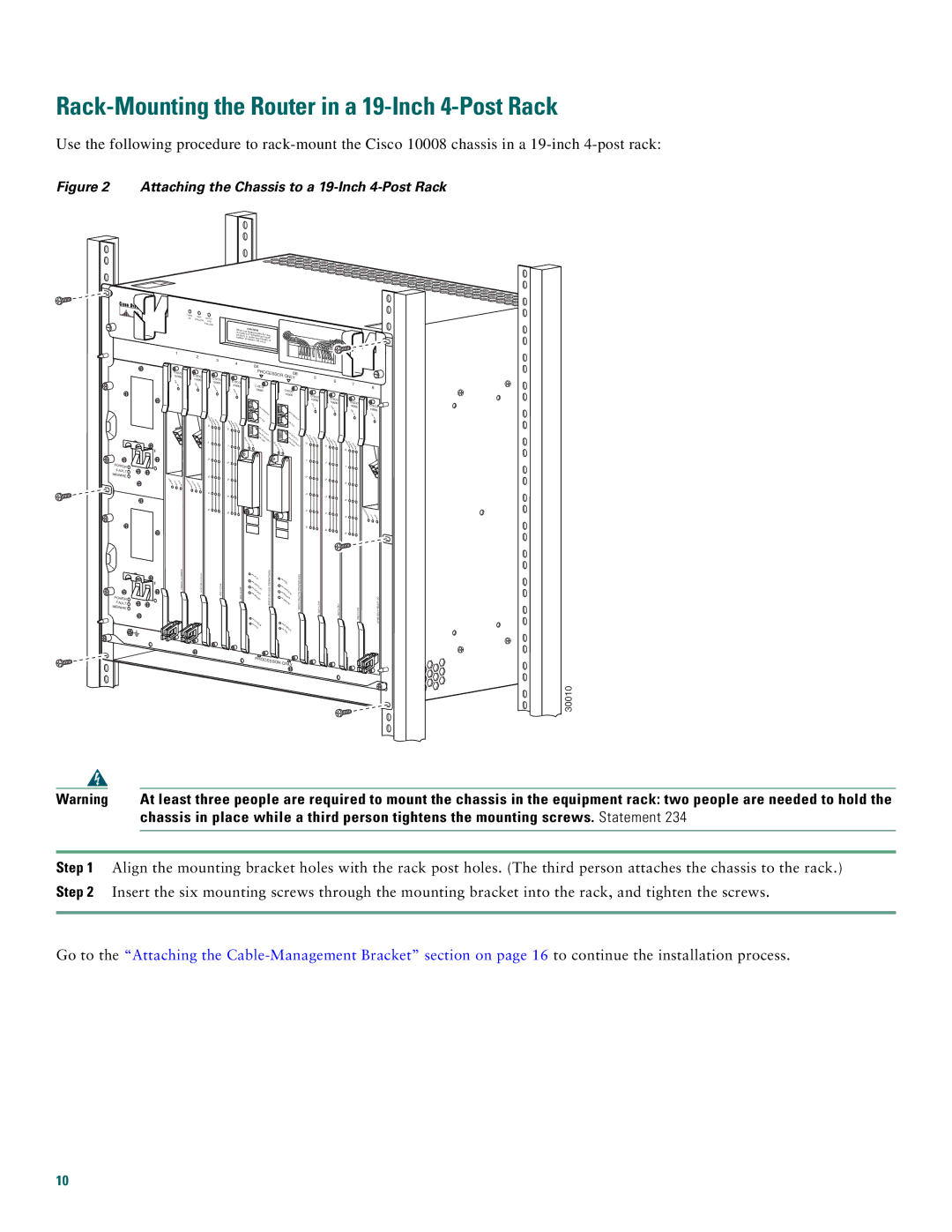 Cisco Systems 10008 quick start Rack-Mounting the Router in a 19-Inch 4-Post Rack, Power Fault Miswire 