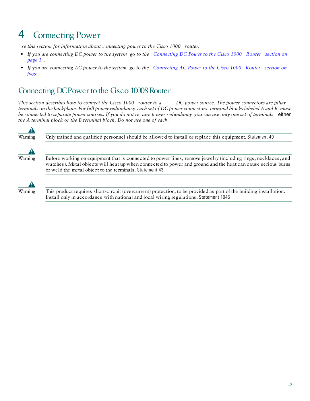 Cisco Systems quick start Connecting Power, Connecting DC Power to the Cisco 10008 Router 