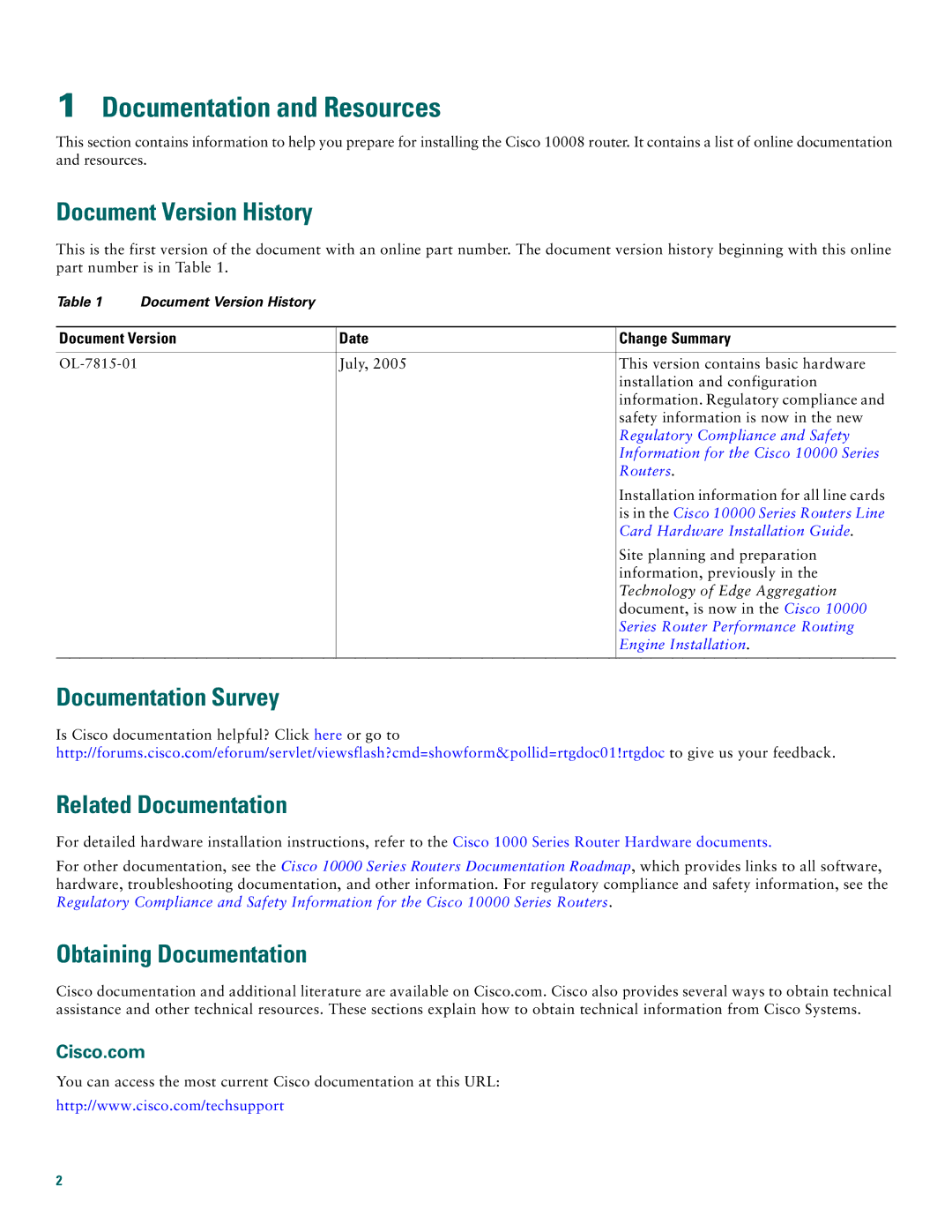 Cisco Systems 10008 Documentation and Resources, Document Version History, Documentation Survey Related Documentation 