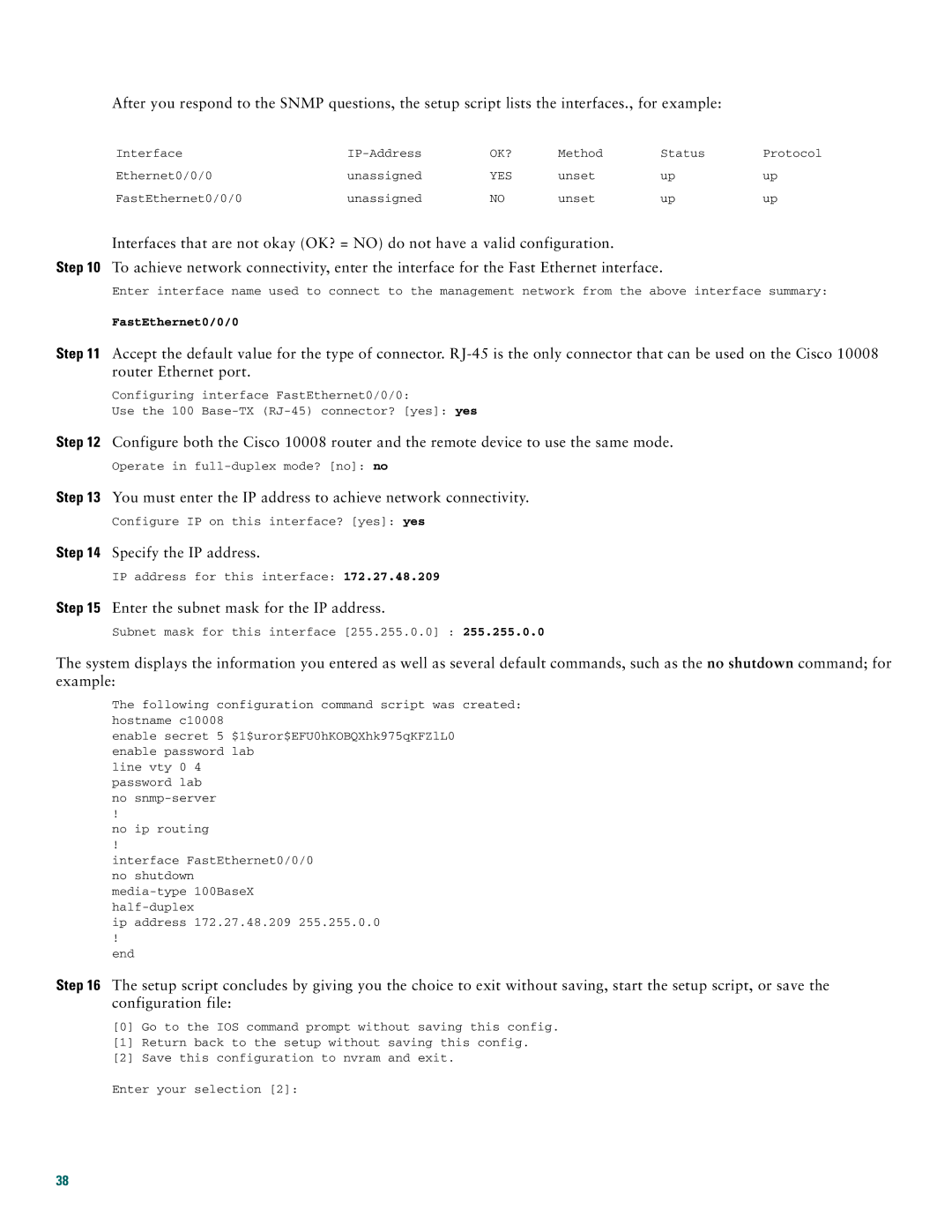 Cisco Systems 10008 quick start Specify the IP address 