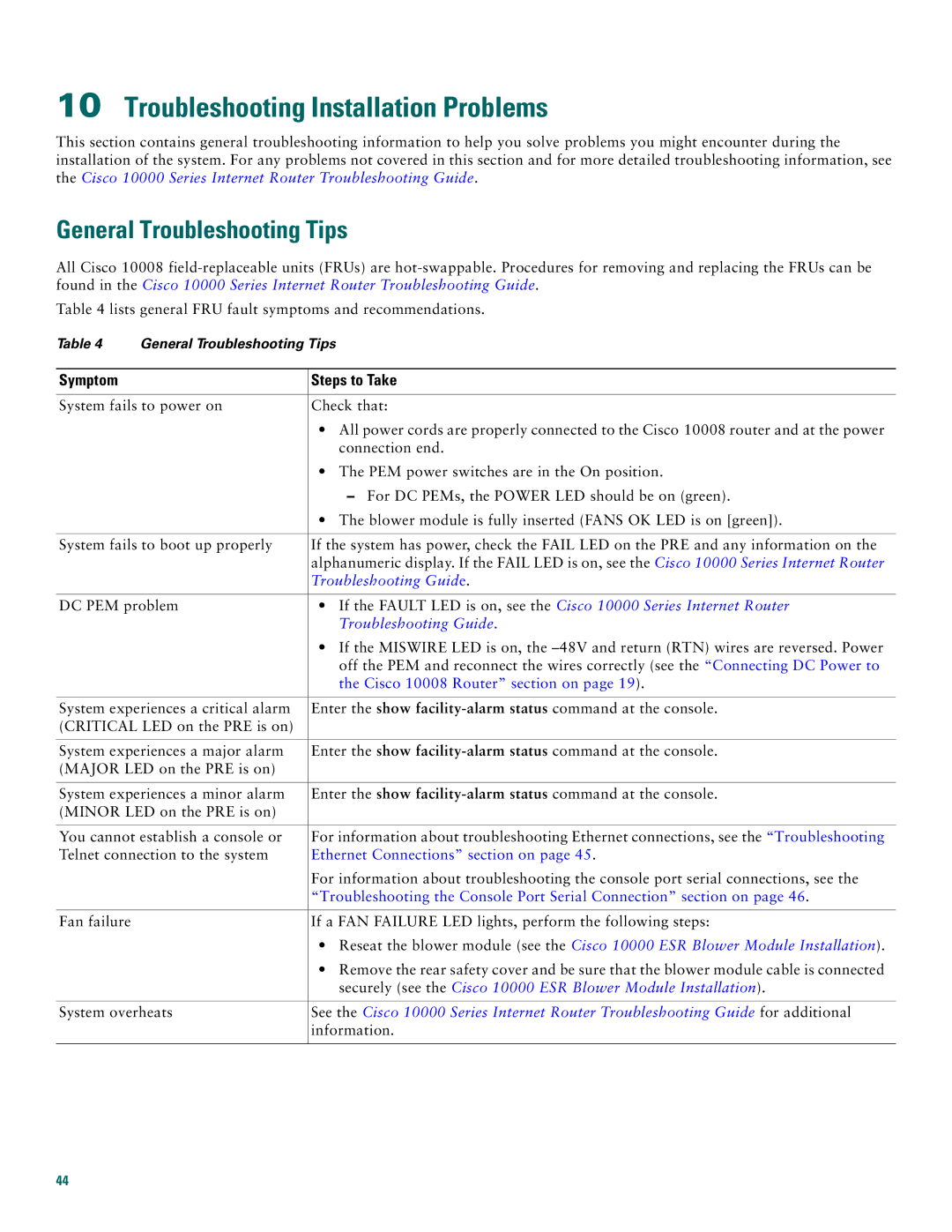 Cisco Systems 10008 quick start Troubleshooting Installation Problems, General Troubleshooting Tips, Symptom Steps to Take 