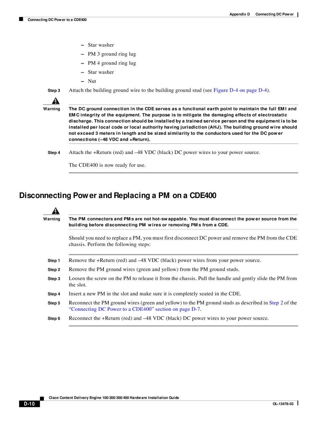 Cisco Systems 100/200/300/400 specifications Disconnecting Power and Replacing a PM on a CDE400 