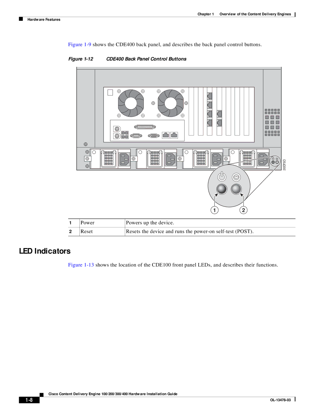 Cisco Systems 100/200/300/400 specifications LED Indicators, 12 CDE400 Back Panel Control Buttons 