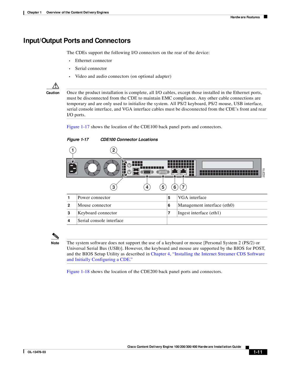 Cisco Systems 100/200/300/400 specifications Input/Output Ports and Connectors, 17 CDE100 Connector Locations 