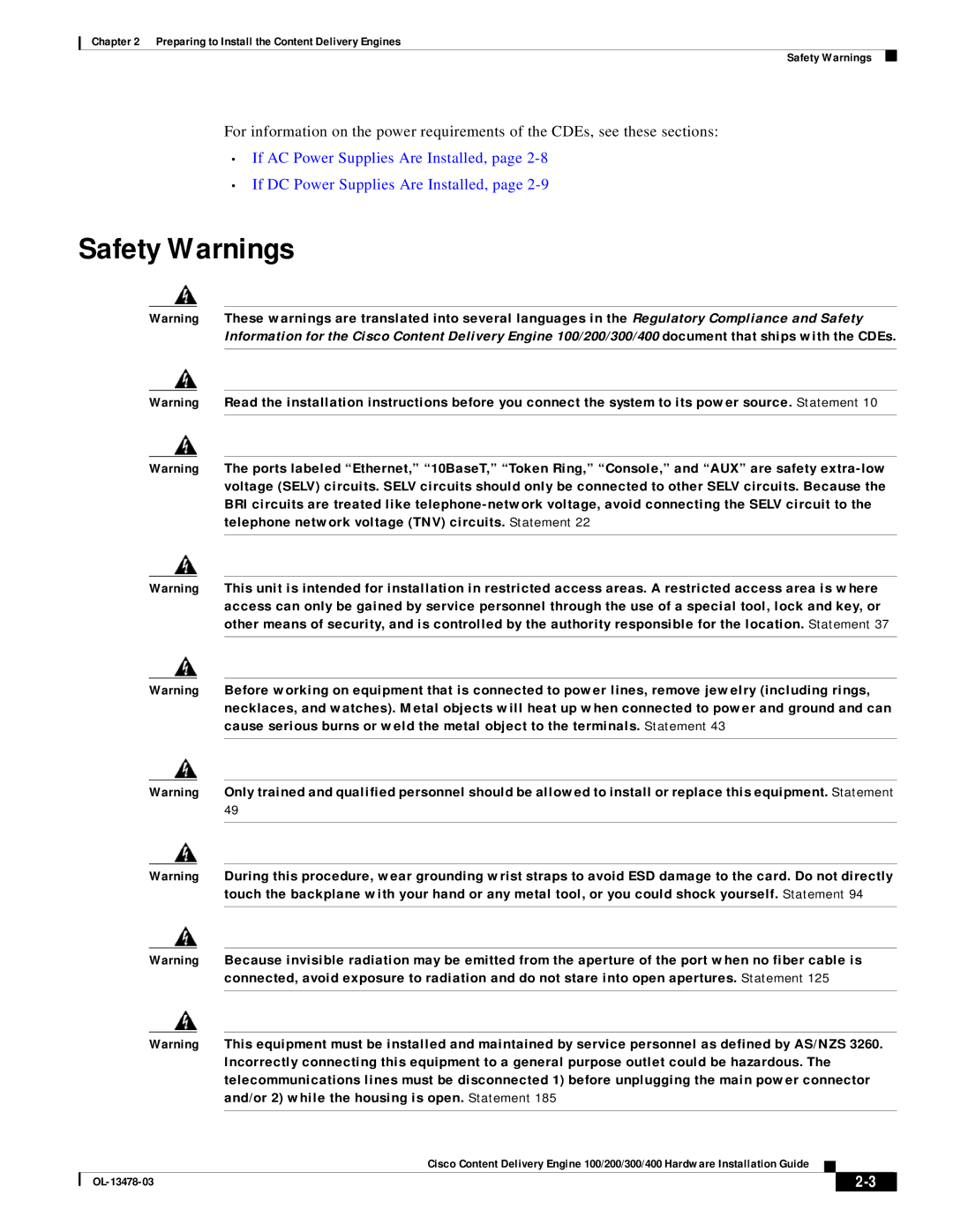 Cisco Systems 100/200/300/400 specifications Safety Warnings 