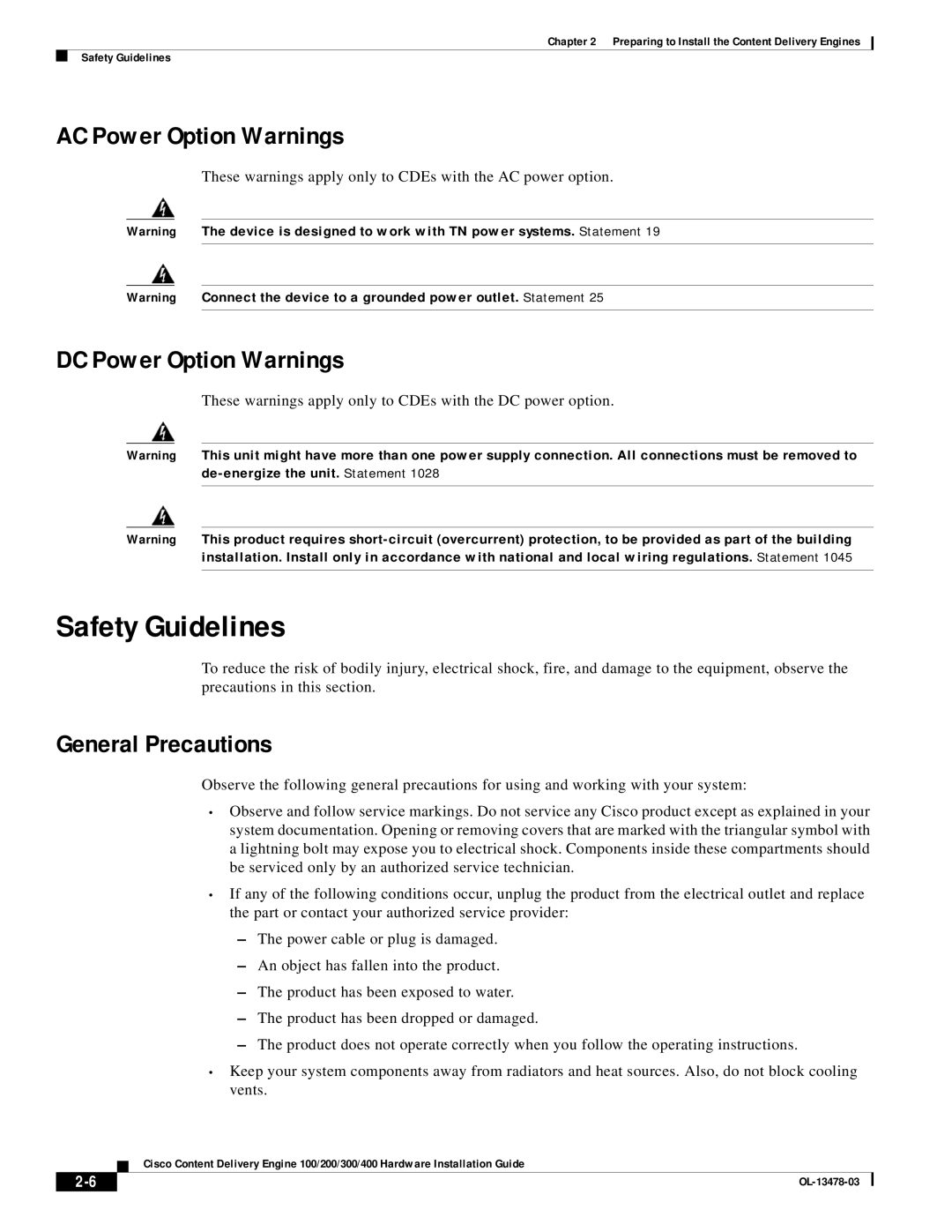 Cisco Systems 100/200/300/400 Safety Guidelines, AC Power Option Warnings, DC Power Option Warnings, General Precautions 