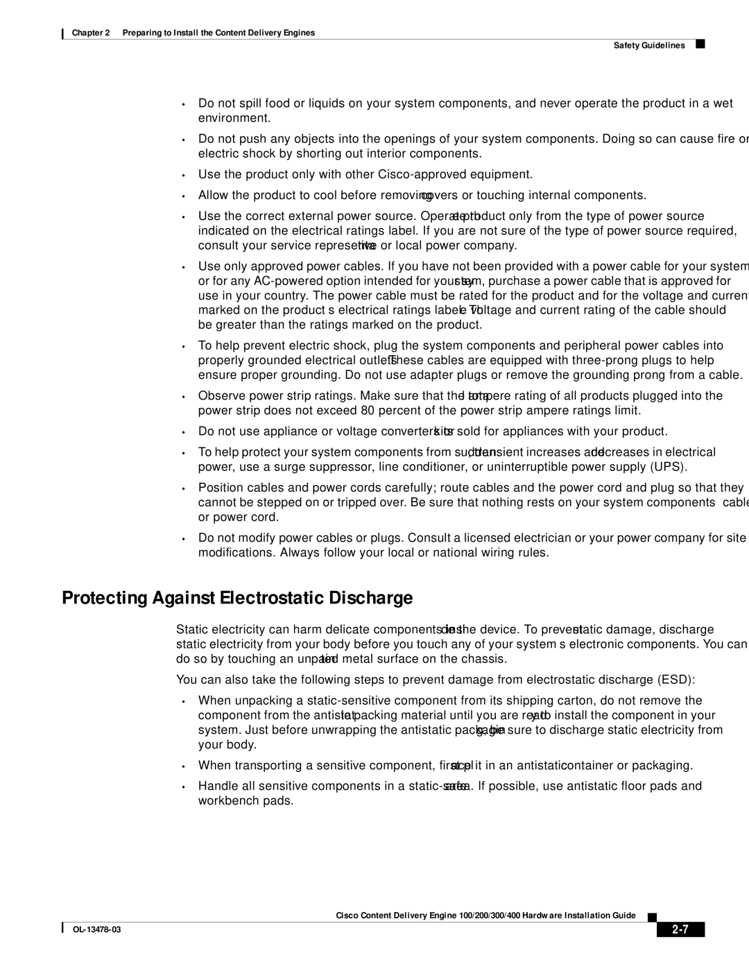 Cisco Systems 100/200/300/400 specifications Protecting Against Electrostatic Discharge 