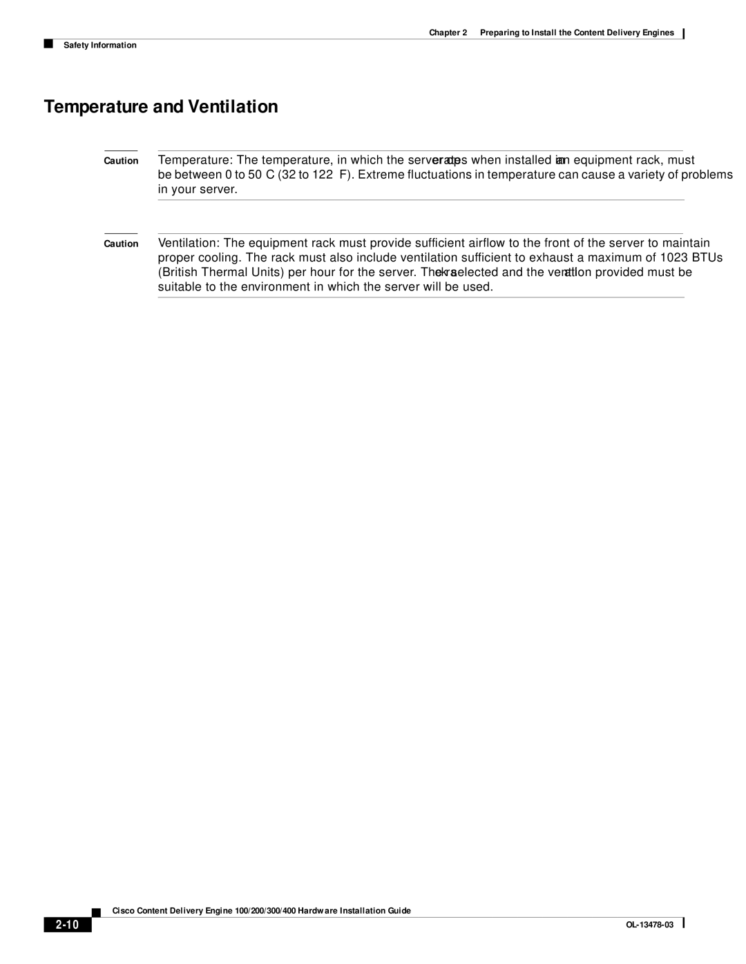 Cisco Systems 100/200/300/400 specifications Temperature and Ventilation 