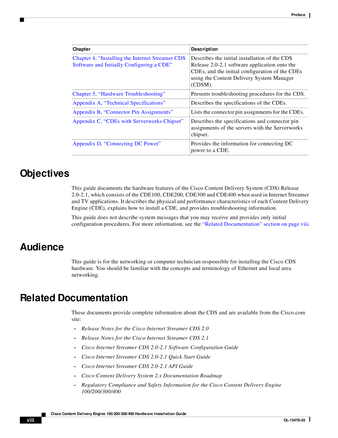 Cisco Systems 100/200/300/400 specifications Objectives, Audience, Related Documentation, Chapter Description 