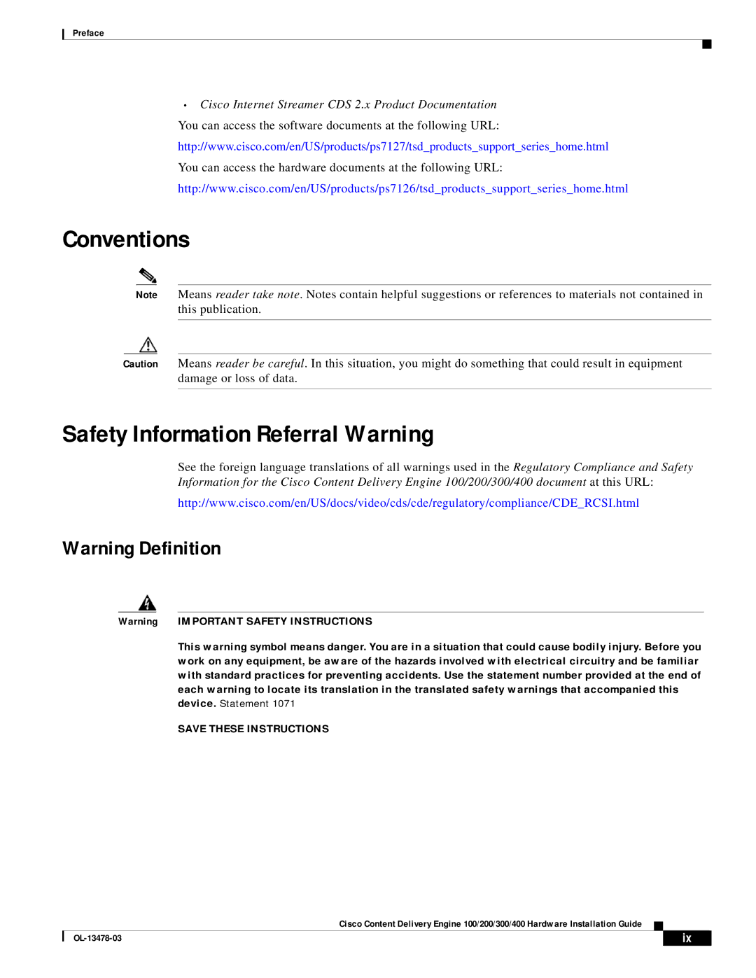 Cisco Systems 100/200/300/400 specifications Conventions Safety Information Referral Warning 