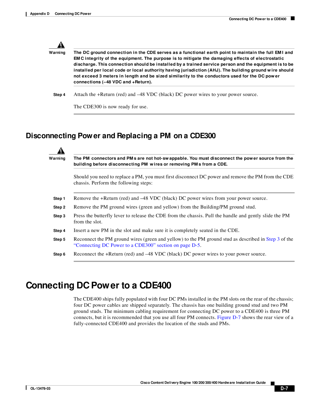 Cisco Systems 100/200/300/400 Connecting DC Power to a CDE400, Disconnecting Power and Replacing a PM on a CDE300 