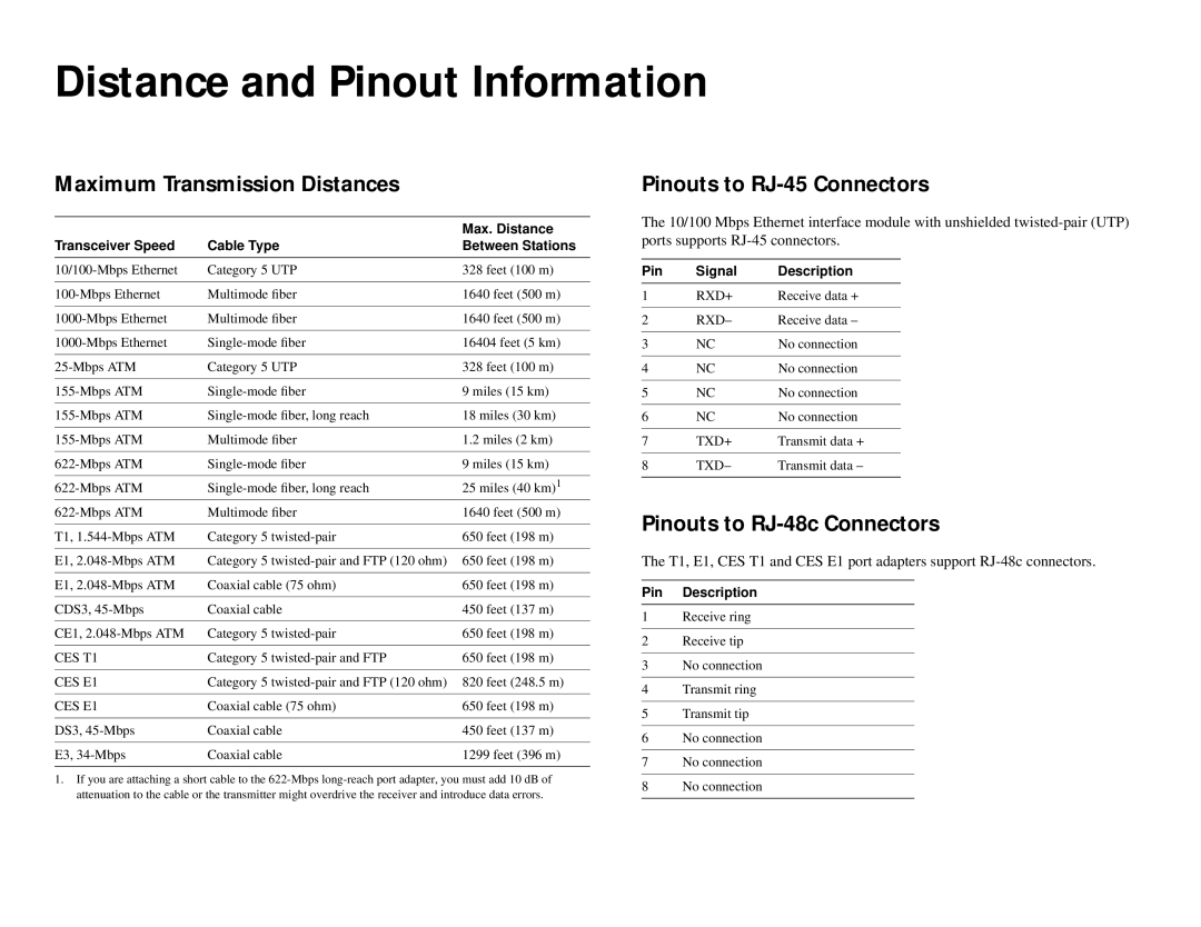 Cisco Systems 1010 Distance and Pinout Information, Maximum Transmission Distances, Pinouts to RJ-45 Connectors, Signal 