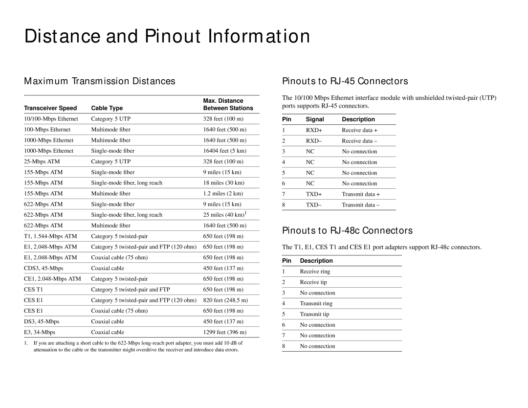 Cisco Systems 1010 manual Distance and Pinout Information, Max. Distance, Transceiver Speed Cable Type Between Stations 