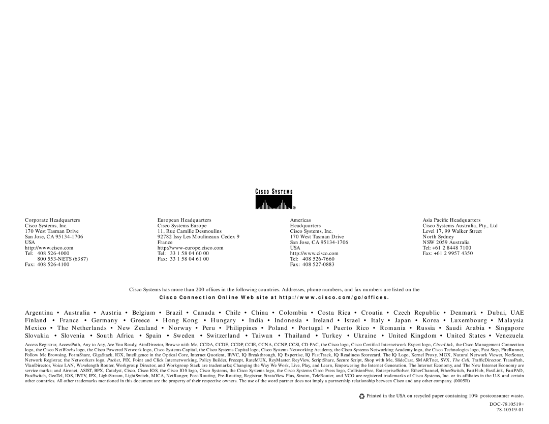 Cisco Systems 1010, Catalyst 8510 manual Headquarters 
