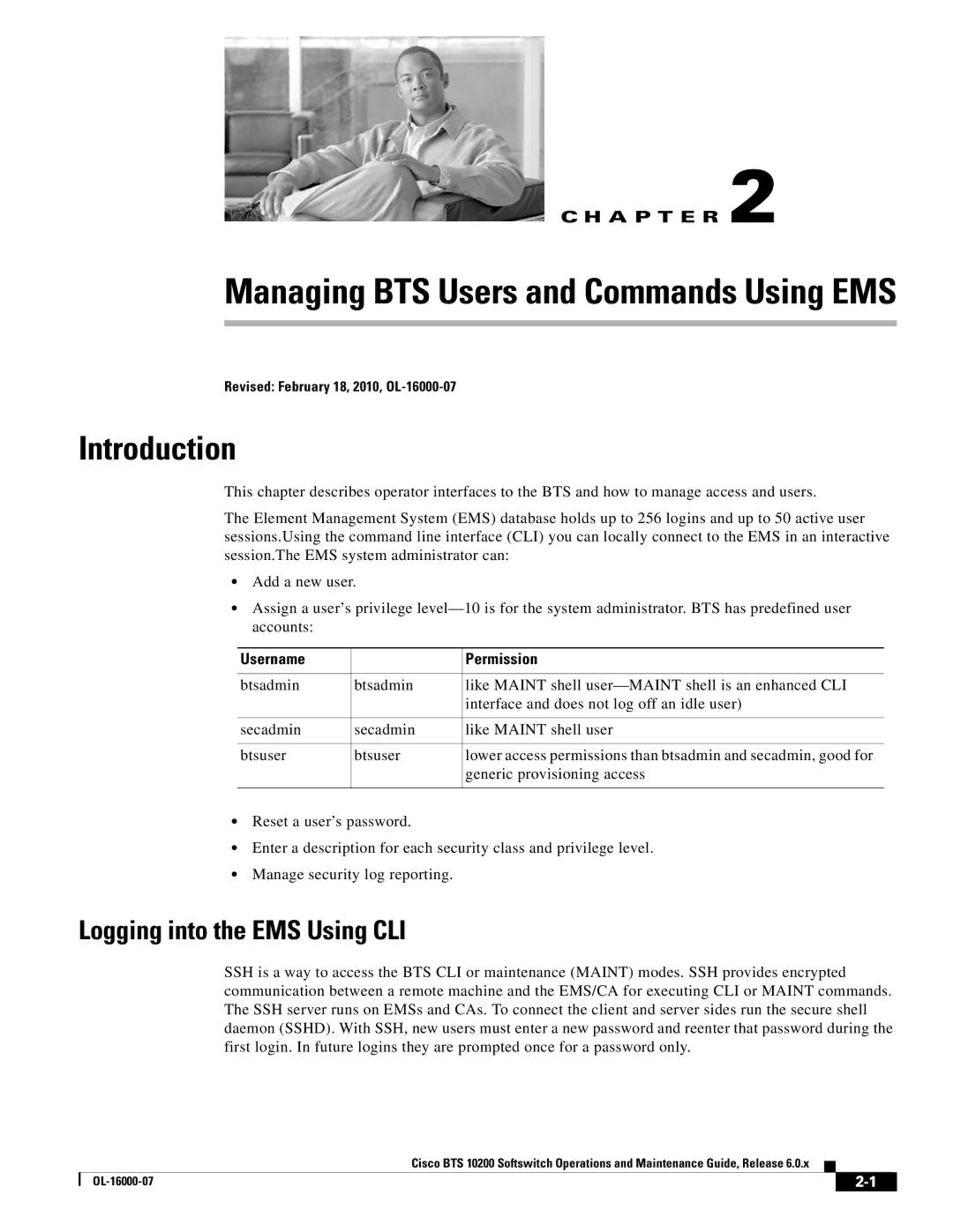 Cisco Systems 10200 manual Logging into the EMS Using CLI, Username Permission 