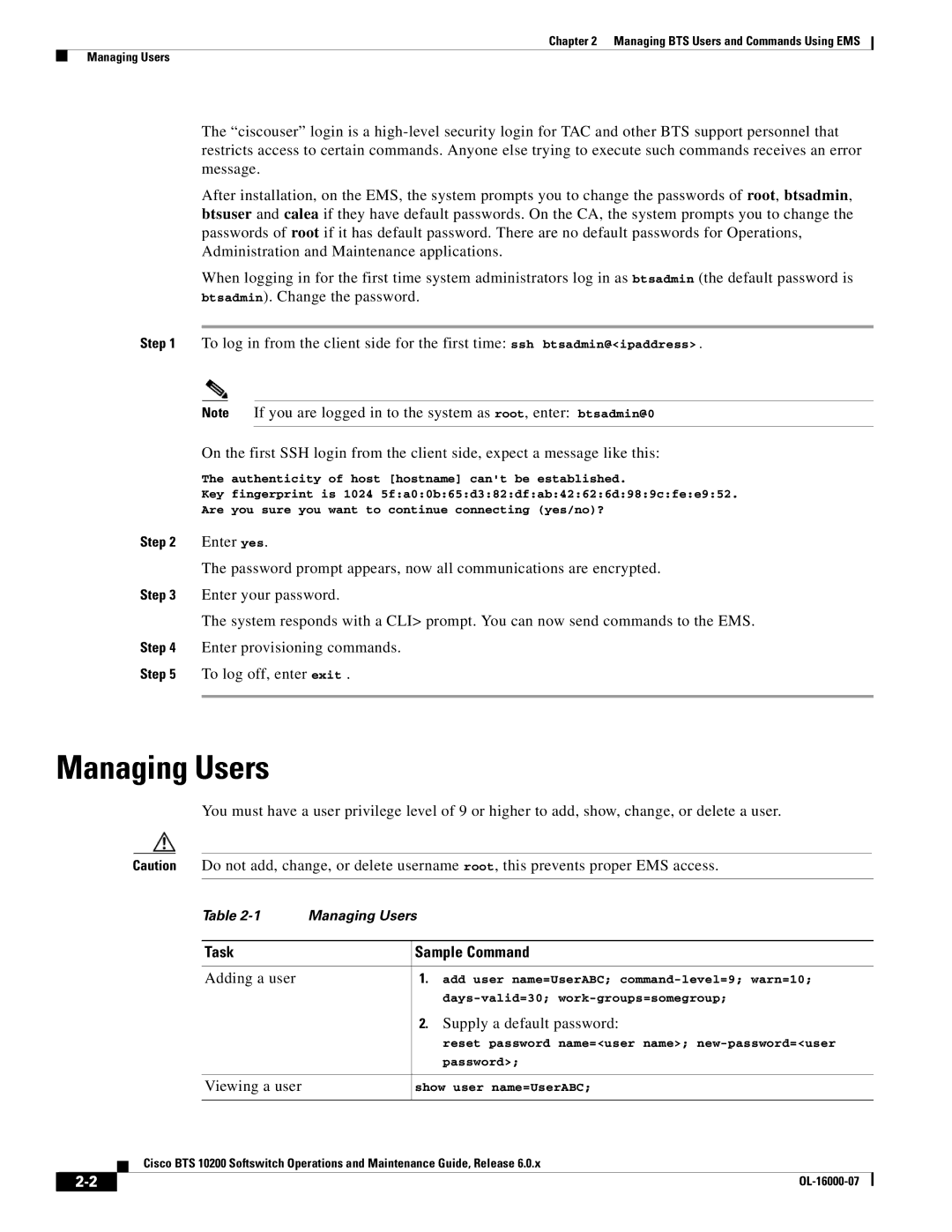 Cisco Systems 10200 manual Managing Users, Task Sample Command, Supply a default password 