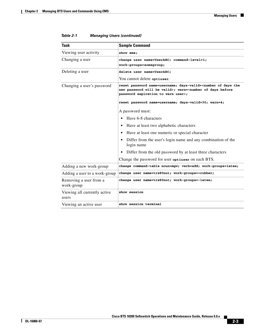 Cisco Systems 10200 Viewing user activity, Changing a user, Deleting a user, You cannot delete optiuser, Password must 