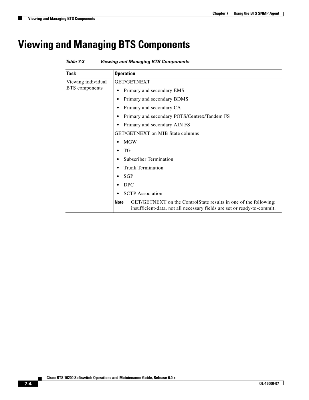 Cisco Systems 10200 manual Viewing and Managing BTS Components, Get/Getnext, Mgw, Sgp, Dpc 