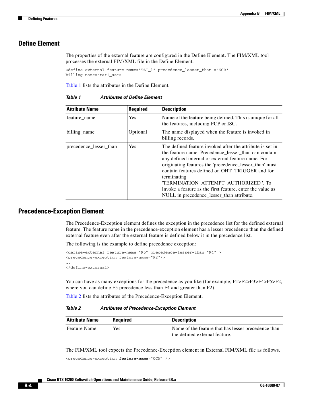 Cisco Systems 10200 Precedence-Exception Element, Lists the attributes in the Define Element, Required Description 