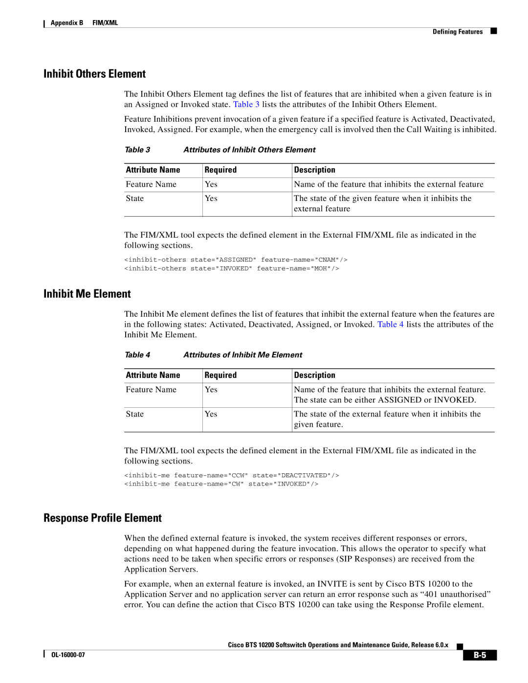 Cisco Systems 10200 manual Inhibit Others Element, Inhibit Me Element, Response Profile Element 