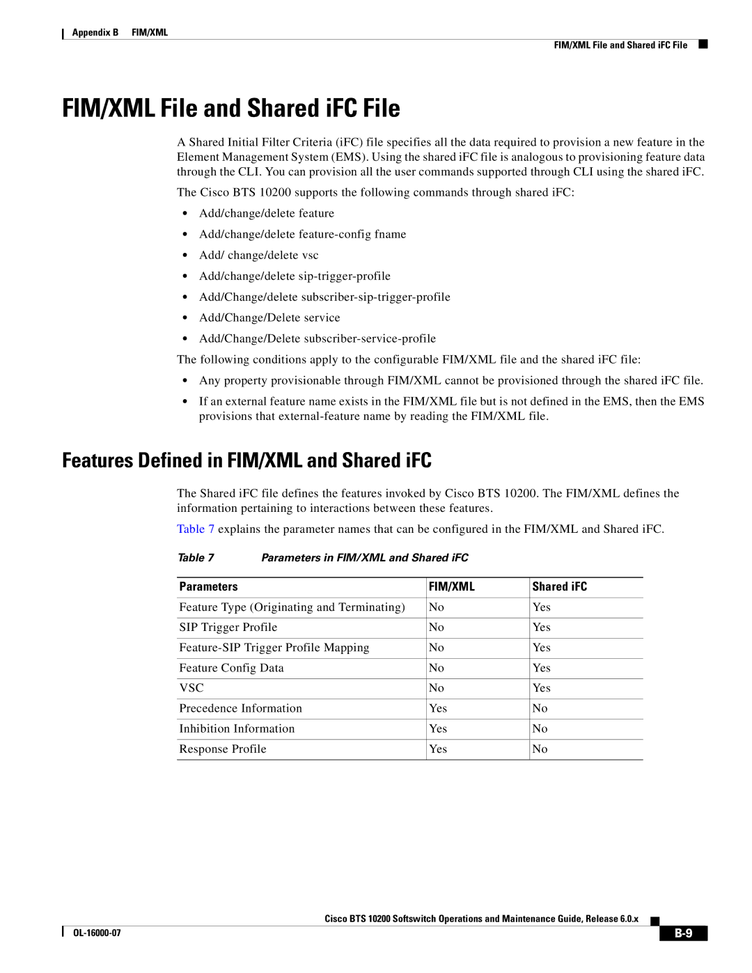 Cisco Systems 10200 manual FIM/XML File and Shared iFC File, Features Defined in FIM/XML and Shared iFC, Parameters, Vsc 