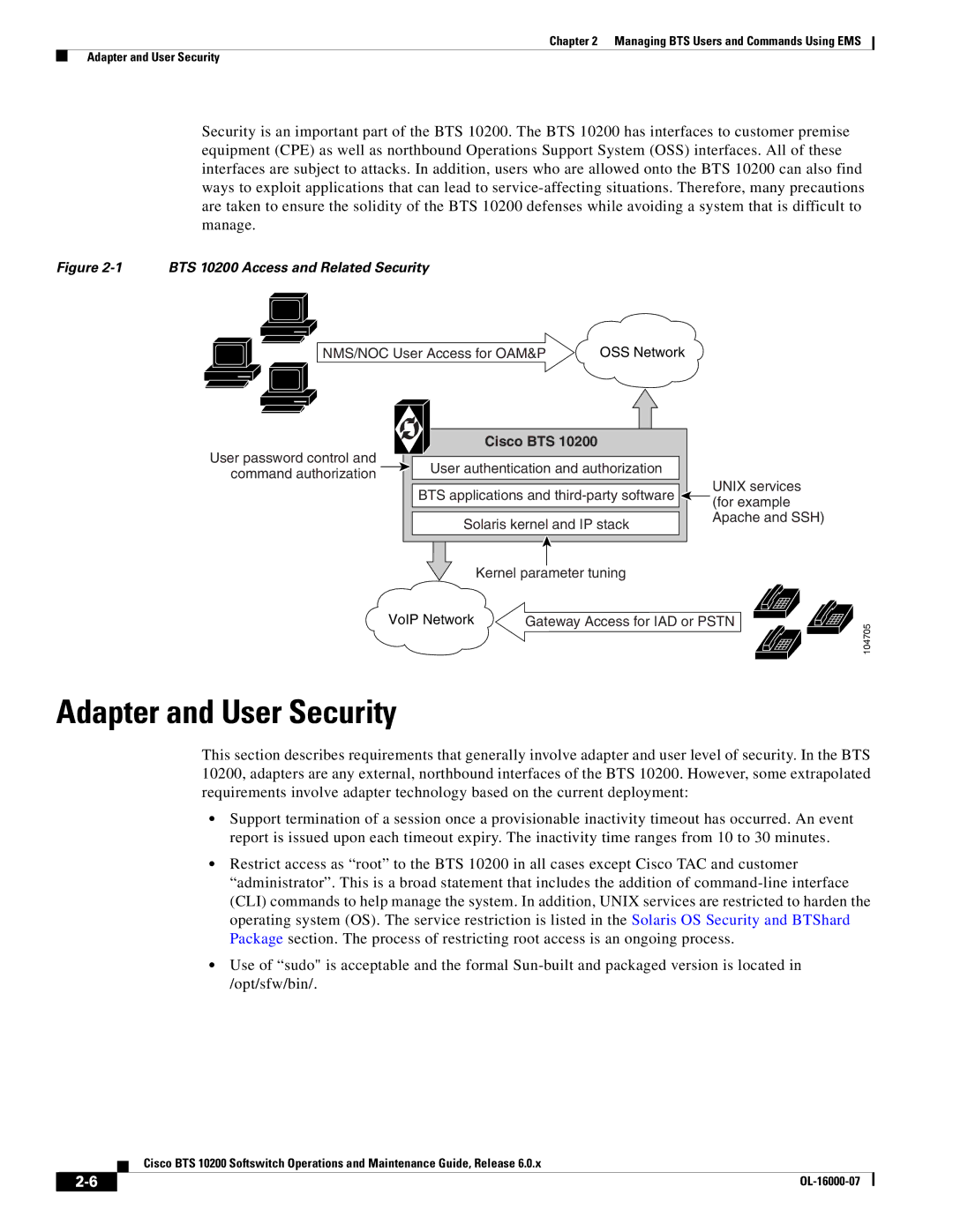 Cisco Systems 10200 manual Adapter and User Security, Cisco BTS 