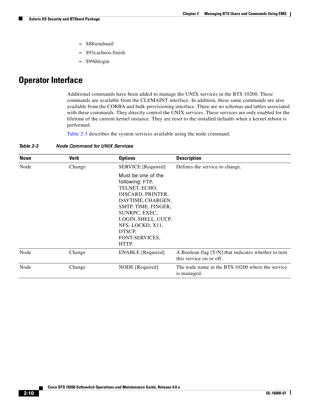 Cisco Systems 10200 manual Operator Interface, S88sendmail S93cacheos.finish S99dtlogin, Noun Verb Options Description 