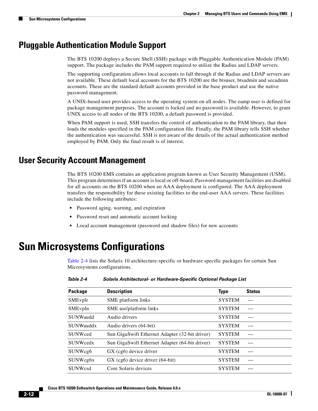 Cisco Systems 10200 manual Sun Microsystems Configurations, Pluggable Authentication Module Support, System 