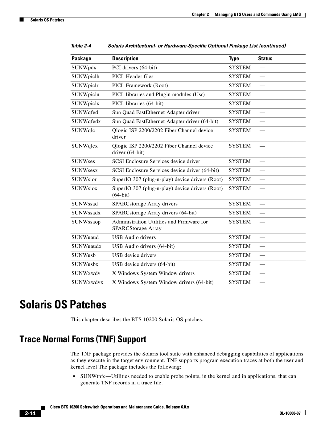 Cisco Systems 10200 manual Solaris OS Patches, Trace Normal Forms TNF Support 