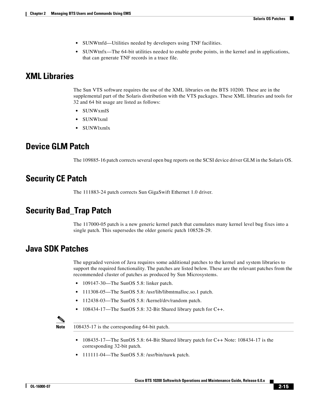 Cisco Systems 10200 manual XML Libraries, Device GLM Patch, Security CE Patch, Security BadTrap Patch, Java SDK Patches 