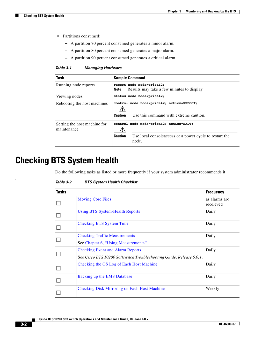 Cisco Systems 10200 manual Checking BTS System Health, Tasks Frequency 