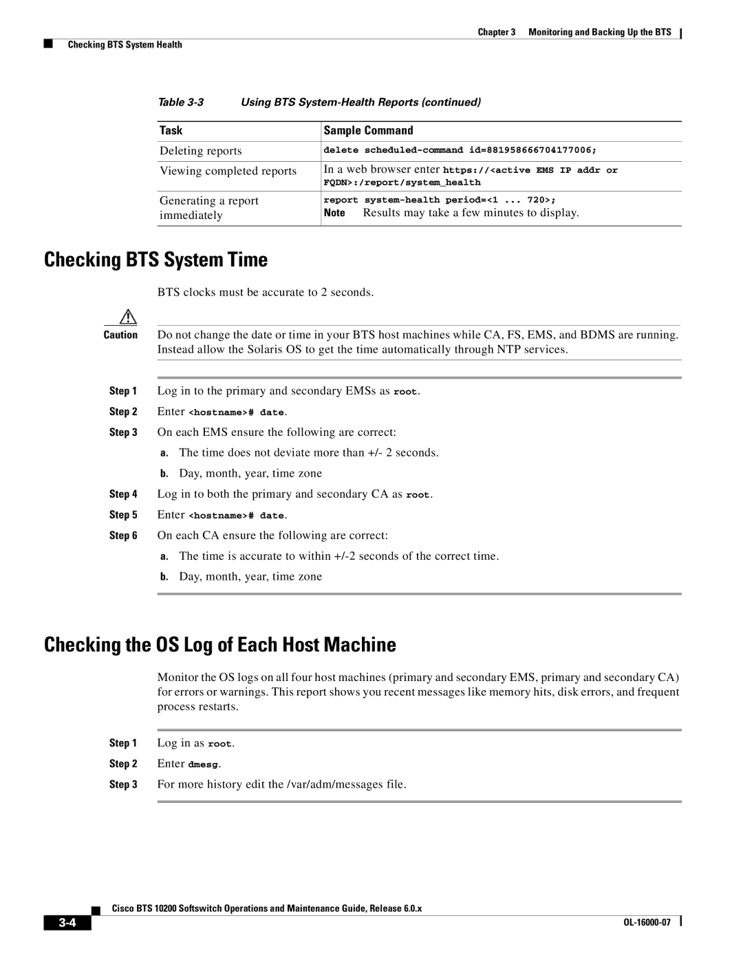 Cisco Systems 10200 manual Checking BTS System Time, Checking the OS Log of Each Host Machine 