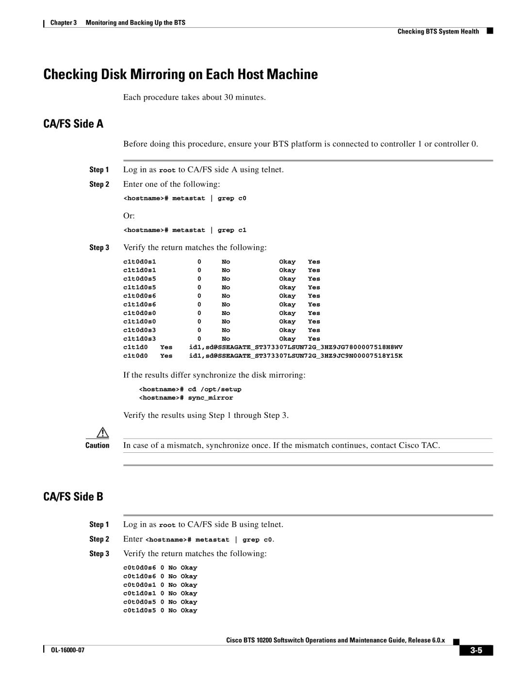 Cisco Systems 10200 manual Checking Disk Mirroring on Each Host Machine, CA/FS Side a, CA/FS Side B 