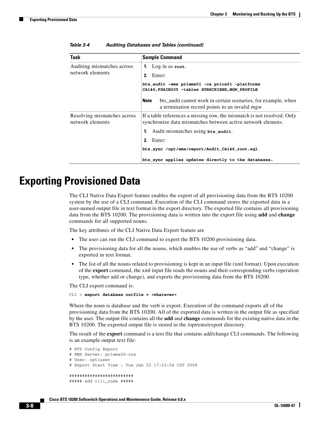 Cisco Systems 10200 manual Exporting Provisioned Data, Termination record points to an invalid mgw 