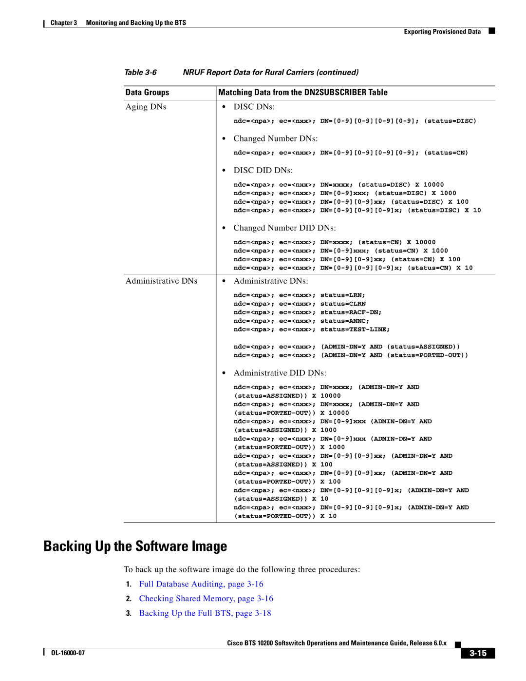 Cisco Systems 10200 manual Backing Up the Software Image, Ndc=npa ec=nxx DN=0-90-90-90-9 status=CN 