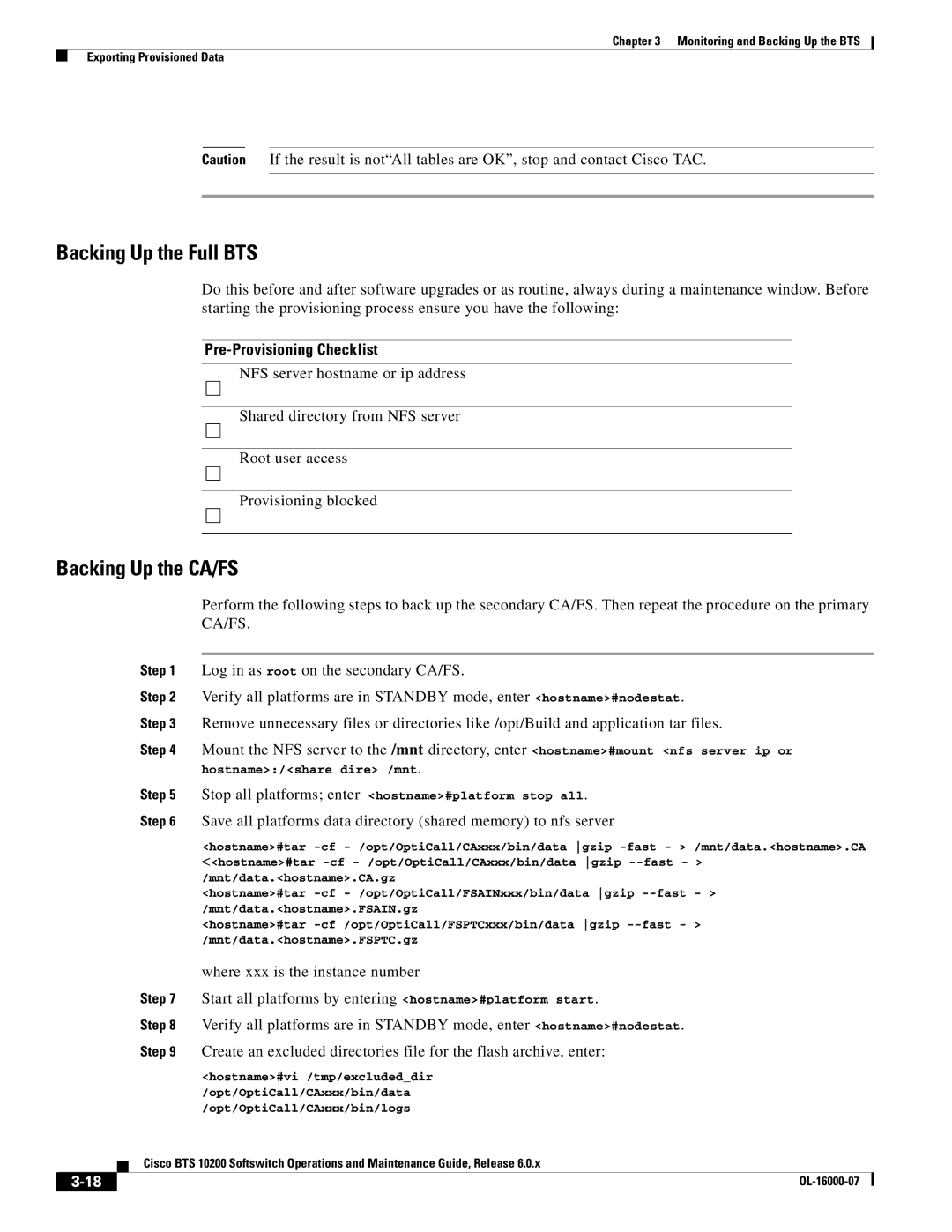 Cisco Systems 10200 Backing Up the Full BTS, Backing Up the CA/FS, Pre-Provisioning Checklist, Opt/OptiCall/CAxxx/bin/logs 