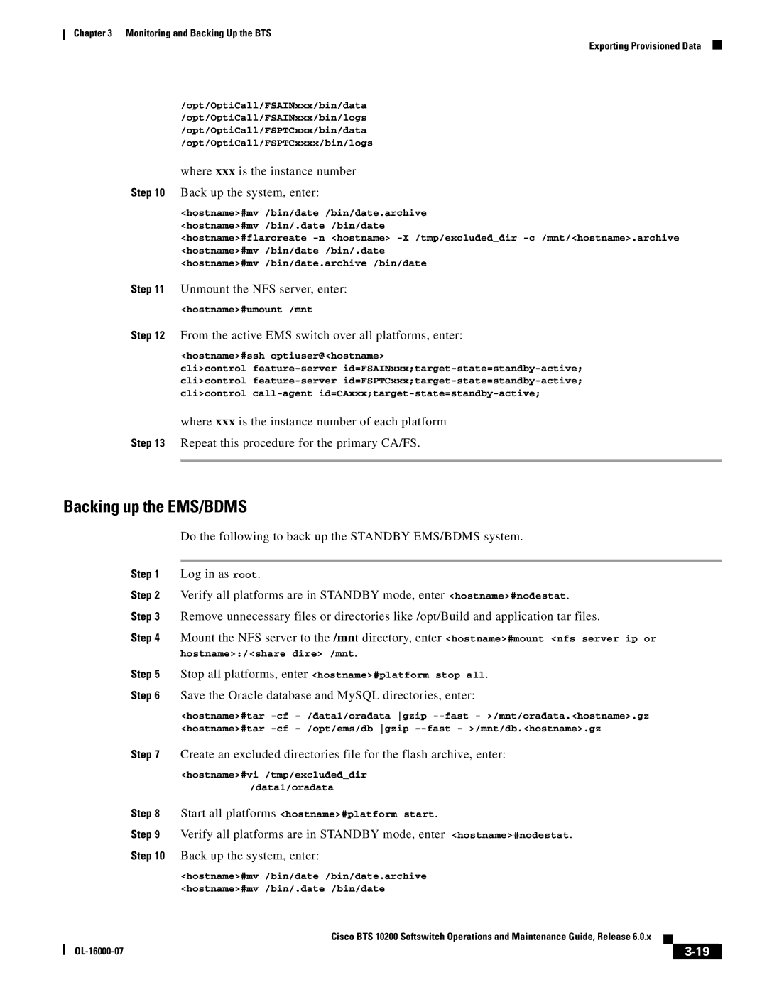 Cisco Systems 10200 manual Backing up the EMS/BDMS, Where xxx is the instance number Back up the system, enter 