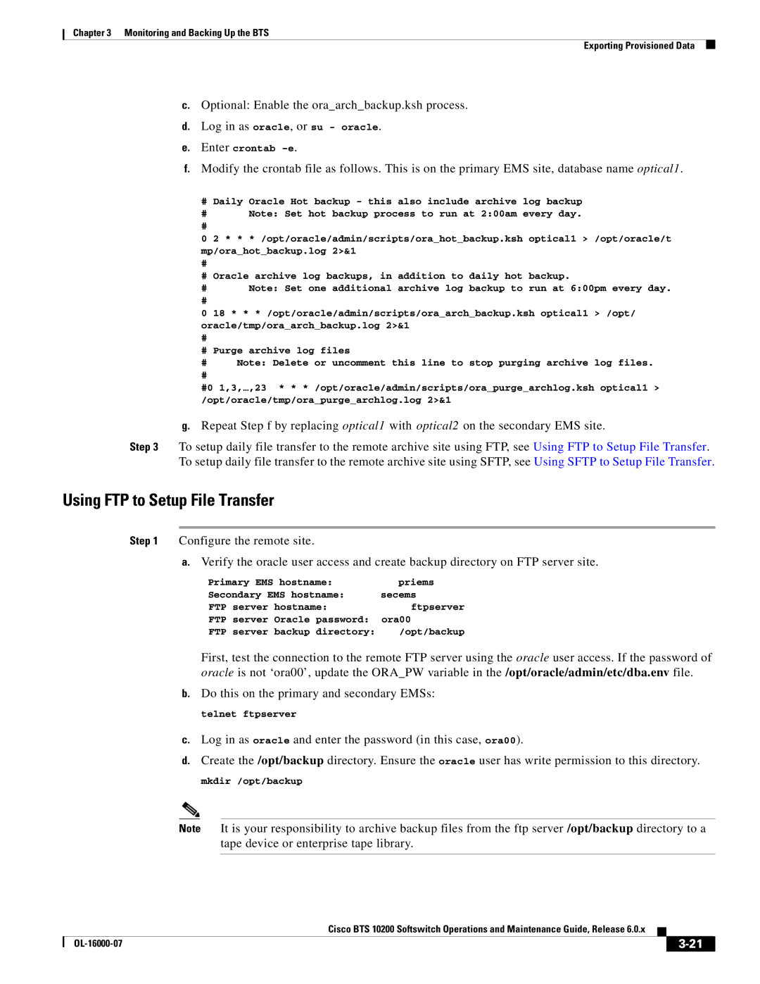 Cisco Systems 10200 manual Using FTP to Setup File Transfer, Optional Enable the oraarchbackup.ksh process 