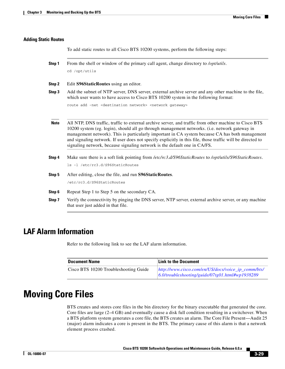 Cisco Systems 10200 manual Moving Core Files, LAF Alarm Information, After editing, close the file, and run S96StaticRoutes 