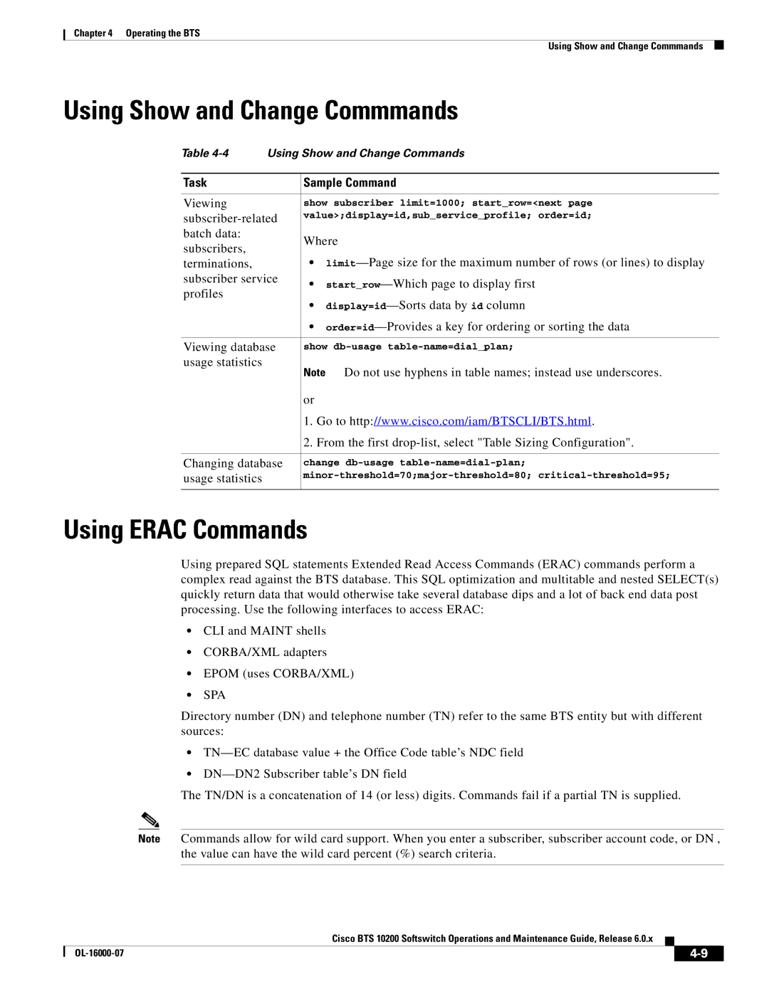 Cisco Systems 10200 manual Using Show and Change Commmands, Using Erac Commands, Subscriber-related, Usage statistics, Spa 