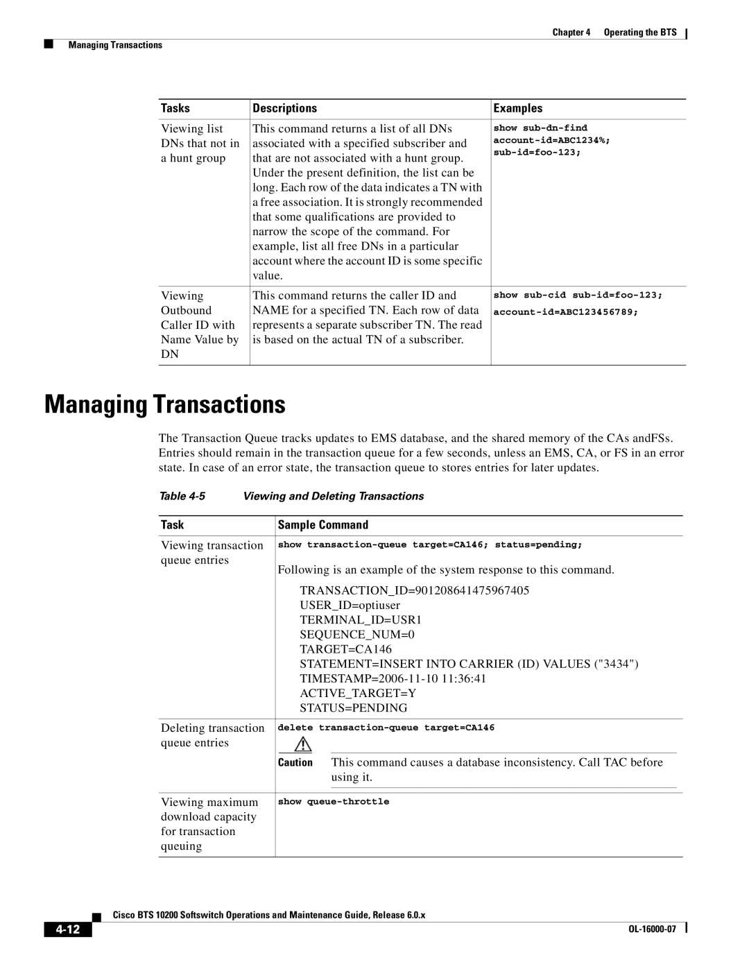 Cisco Systems 10200 manual Managing Transactions, Activetarget=Y Status=Pending 