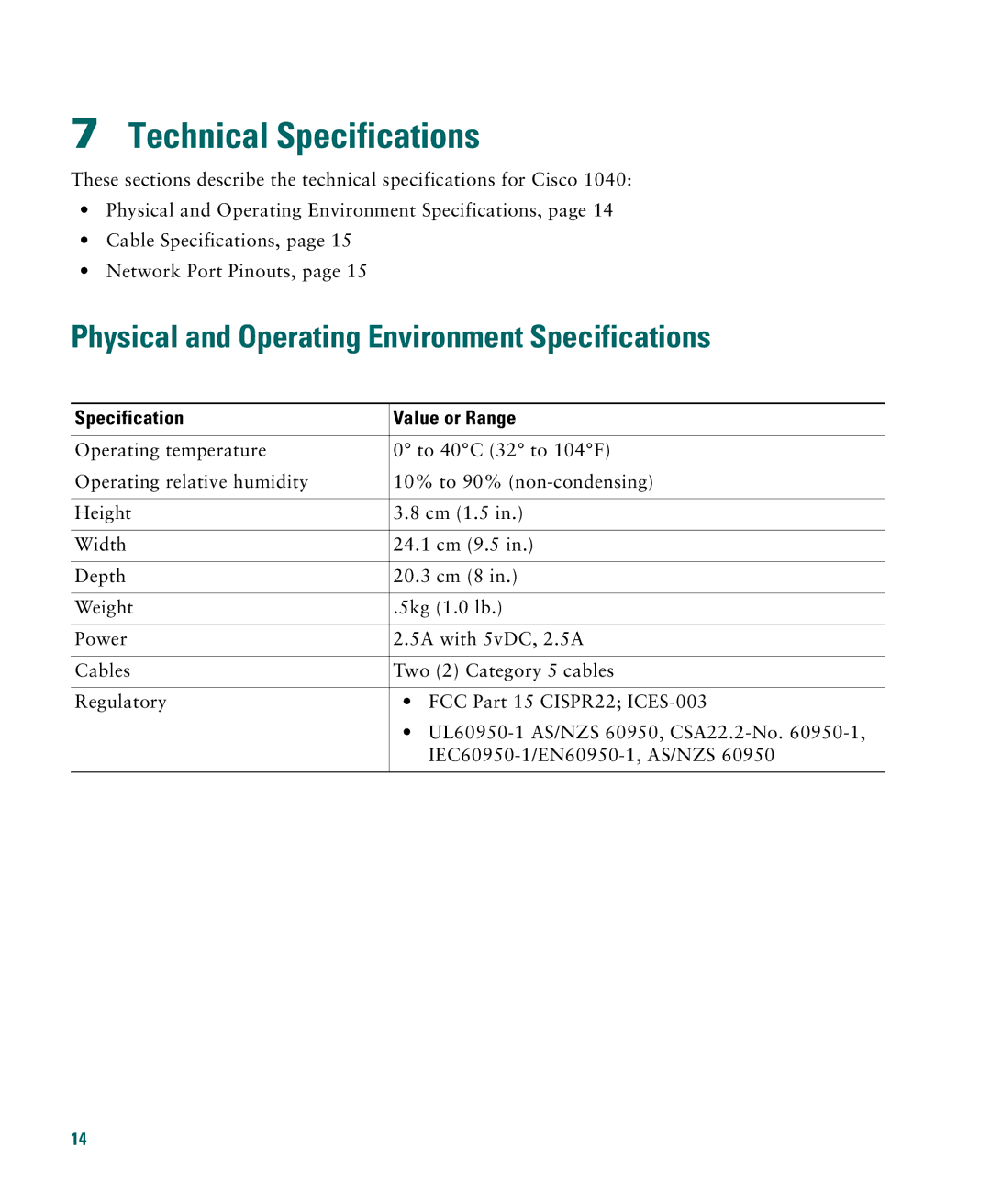 Cisco Systems 1040 manual Technical Specifications, Physical and Operating Environment Specifications 