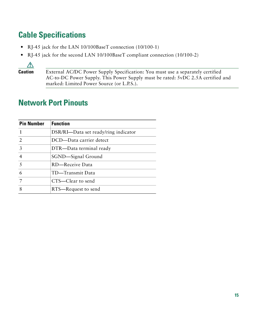 Cisco Systems 1040 manual Cable Specifications, Network Port Pinouts, Pin Number Function 