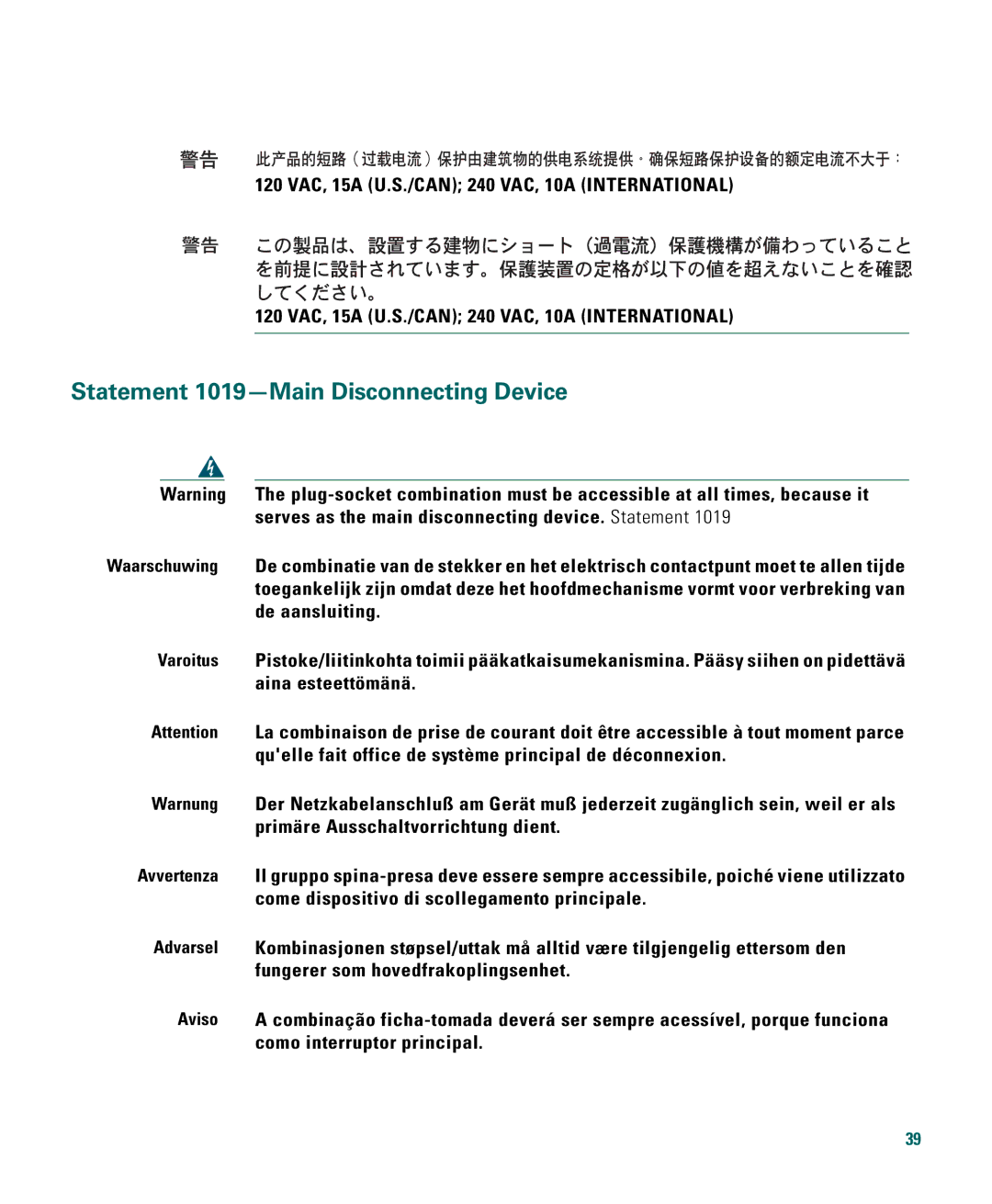 Cisco Systems 1040 manual Statement 1019-Main Disconnecting Device, 120 VAC, 15A U.S./CAN 240 VAC, 10A International 