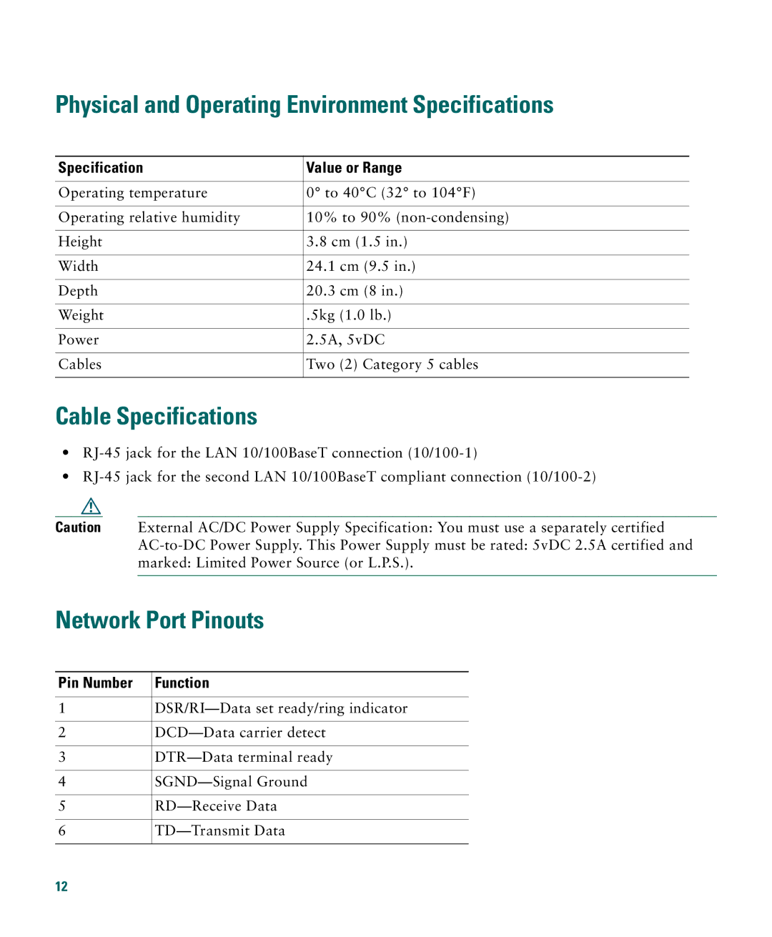 Cisco Systems 1040 Physical and Operating Environment Specifications, Cable Specifications, Network Port Pinouts 